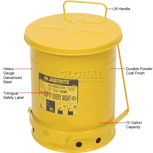 Justrite 10 Gallon Oily Waste Can, Yellow - 09301 - Image 10