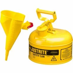 Justrite® Type I Steel Safety Can With Funnel, 1 Gallon (4L), Self-Close Lid, Yellow, 7110210