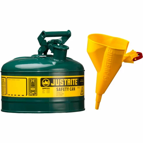 Justrite® Type I Steel Safety Can With Funnel, 1 Gallon (4L), Self-Close Lid, Green, 7110410