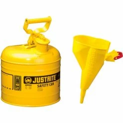 Justrite® Type I Steel Safety Can With Funnel, 2 Gallon (7.5L), Self-Close Lid, Yellow, 7120210