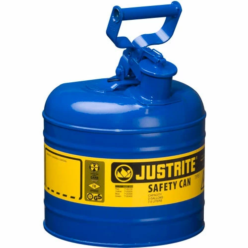 Justrite® Type I Steel Safety Can, 2 Gallon (7.5L), Self-Close Lid, Blue, 7120300
