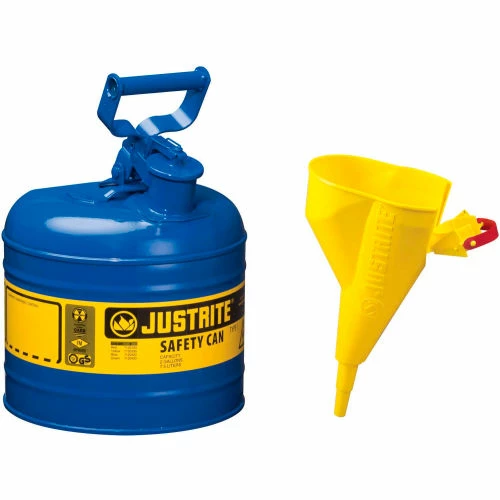 Justrite® Type I Steel Safety Can With Funnel, 2 Gallon (7.5L), Self-Close Lid, Blue, 7120310