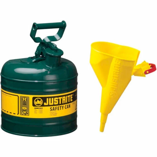 Justrite® Safety Can Type I - 2 Gallon Galvanized Steel, With Funnel, Self-Close Lid, 7120410