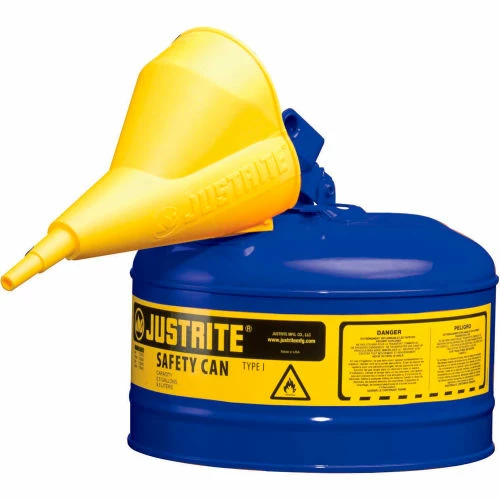 Justrite® Type I Steel Blue Safety Can With Funnel And Self-Close Lid, 2.5 Gal. (9.5L)