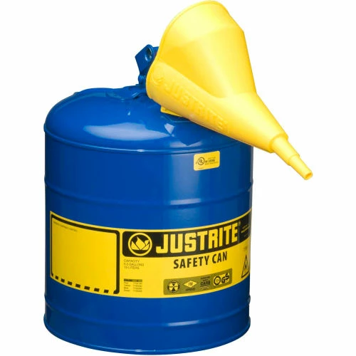 Justrite® Type I Steel Safety Can With Funnel, 5 Gallon (19L), Self-Close Lid, Blue, 7150310