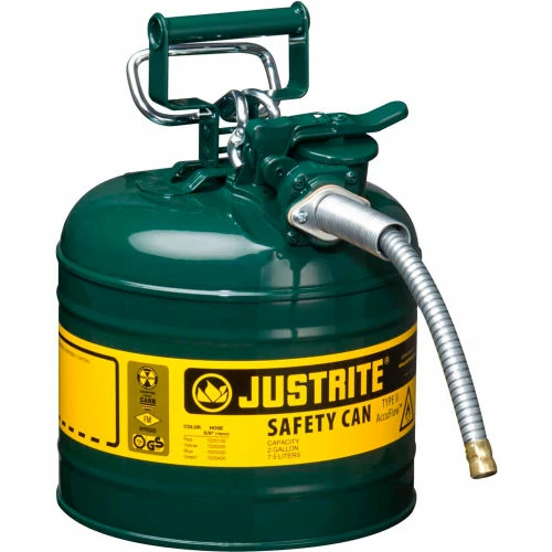Justrite® Type II AccuFlow Safety Can - 2 Gallon with 5/8" Flexible Hose, Green, 7220420
