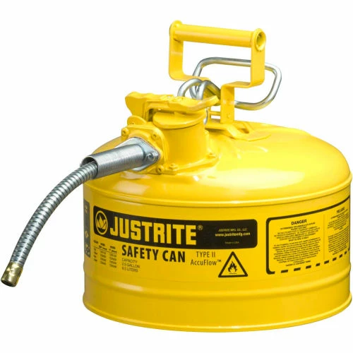 Justrite® Type II AccuFlow Steel Safety Can, 2.5 Gal., 5/8" Metal Hose, Yellow, 7225220