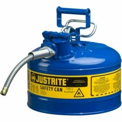 Justrite® Type II AccuFlow™ Steel Safety Can, 2.5 Gal., 5/8" Metal Hose, Blue, 7225320