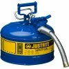 Justrite® Type II AccuFlow™ Steel Safety Can, 2.5 Gal., 1" Metal Hose, Blue, 7225330