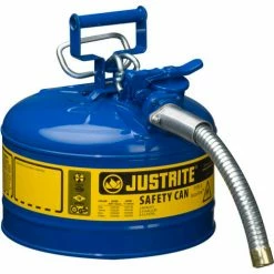 Justrite® Type II AccuFlow™ Steel Safety Can, 2.5 Gal., 1" Metal Hose, Blue, 7225330