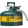 Justrite® Type II AccuFlow™ Steel Safety Can, 2.5 Gal., 5/8" Metal Hose, Green, 7225420