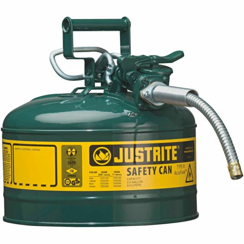 Justrite® Type II AccuFlow Steel Safety Can, 2.5 Gal., 5/8" Metal Hose, Green, 7225420