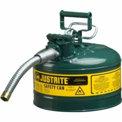 Justrite® Type II AccuFlow™ Steel Safety Can, 2.5 Gal., 1" Metal Hose, Green, 7225430